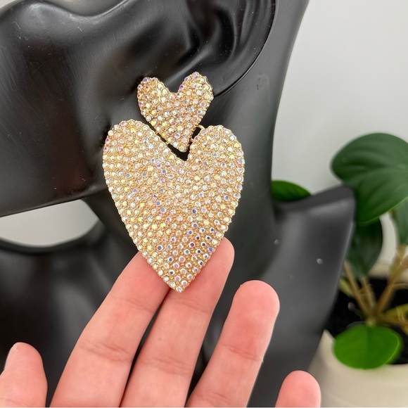 Statement Heart Earrings | Gold-Tone Rhinestone Drop Dangles - Picture 9 of 9